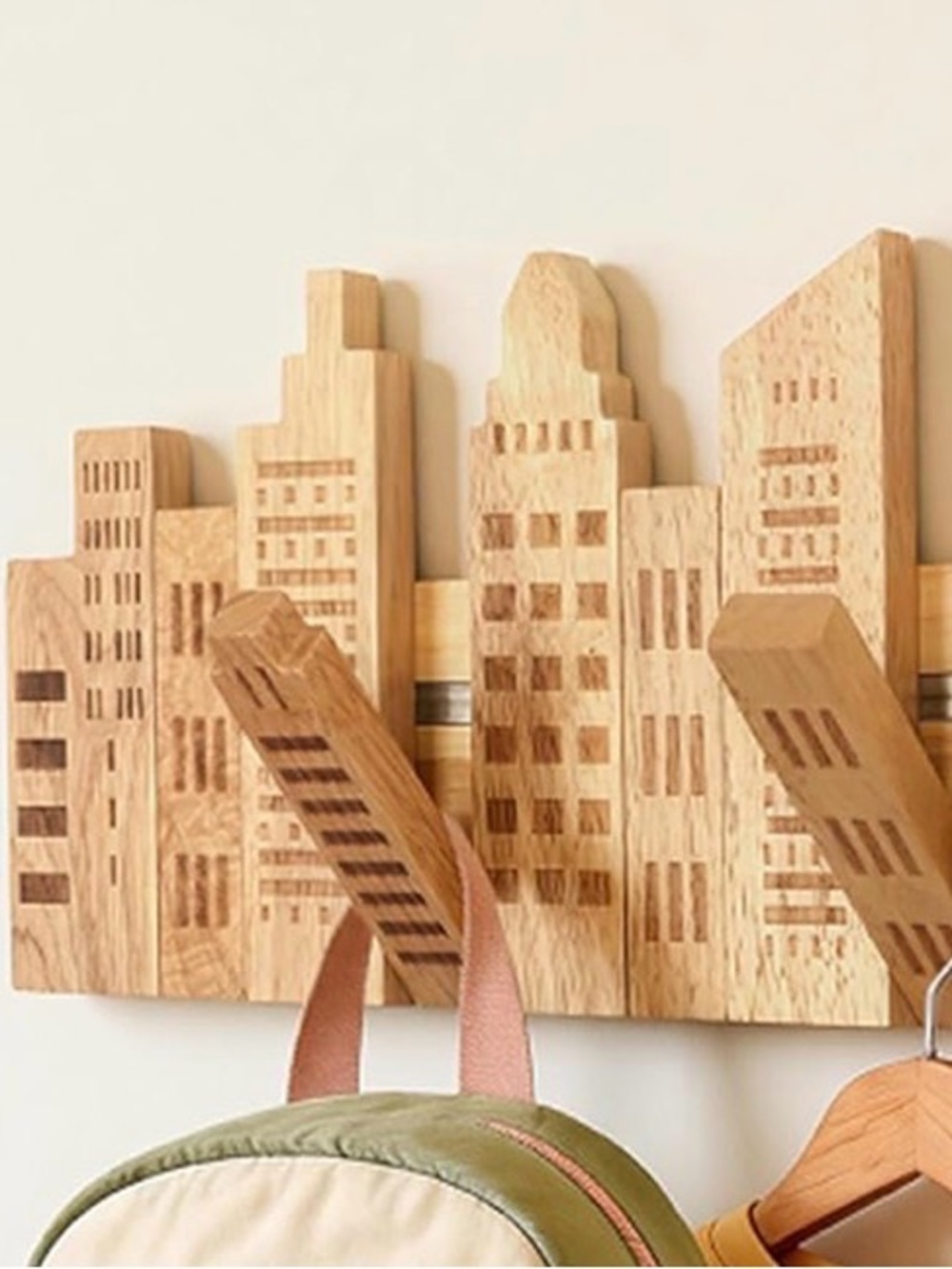 Wooden Cityscape Wall Hook Rack in Natural Wood